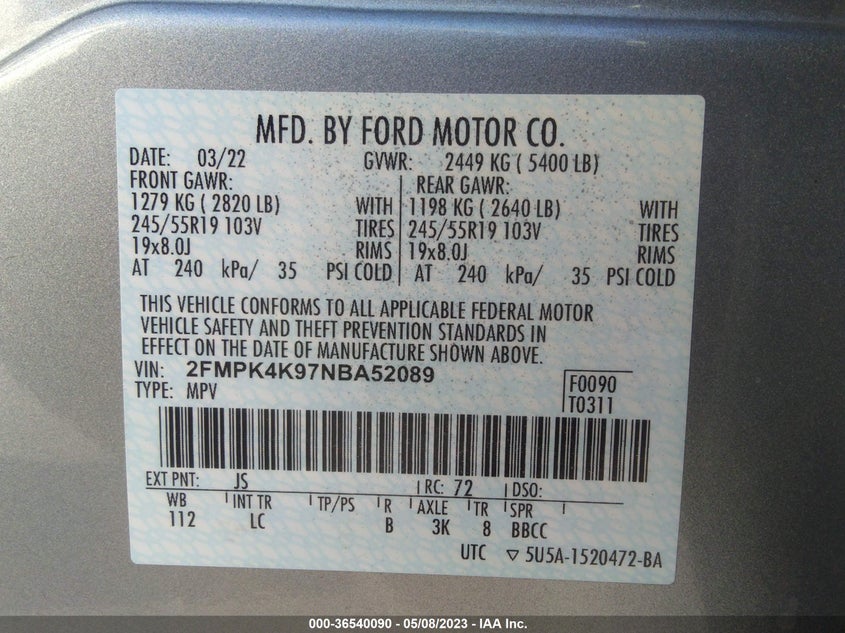 VIN 2FMPK4K97NBA52089 2022 FORD EDGE TITANIUM