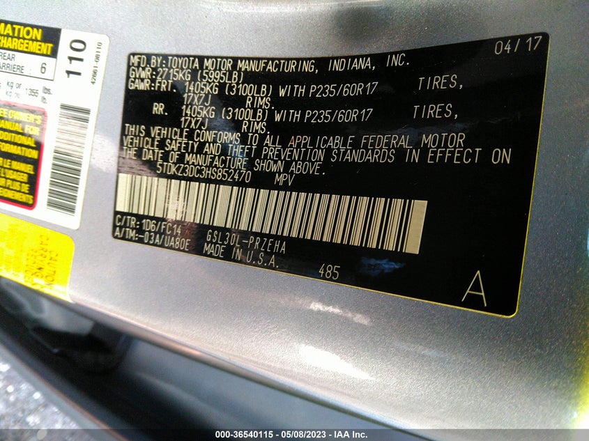 VIN 5TDKZ3DC3HS852470 2017 TOYOTA SIENNA LE
