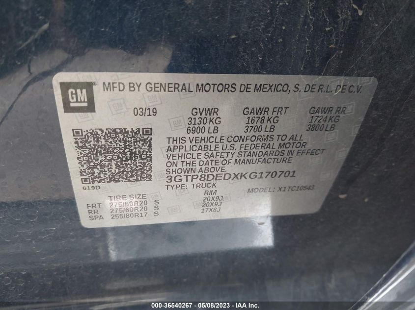 2019 GMC SIERRA 1500 SLT - 3GTP8DEDXKG170701