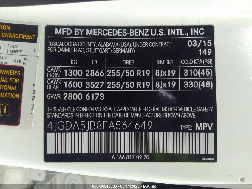 2015 MERCEDES-BENZ M-CLASS ML 350 - 4JGDA5JB8FA564649