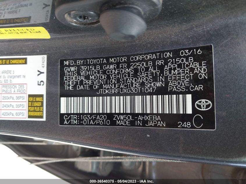 2016 TOYOTA PRIUS TWO - JTDKBRFUXG3011047