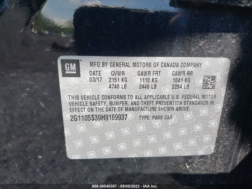 VIN 2G1105S39H9169937 2017 CHEVROLET IMPALA LT