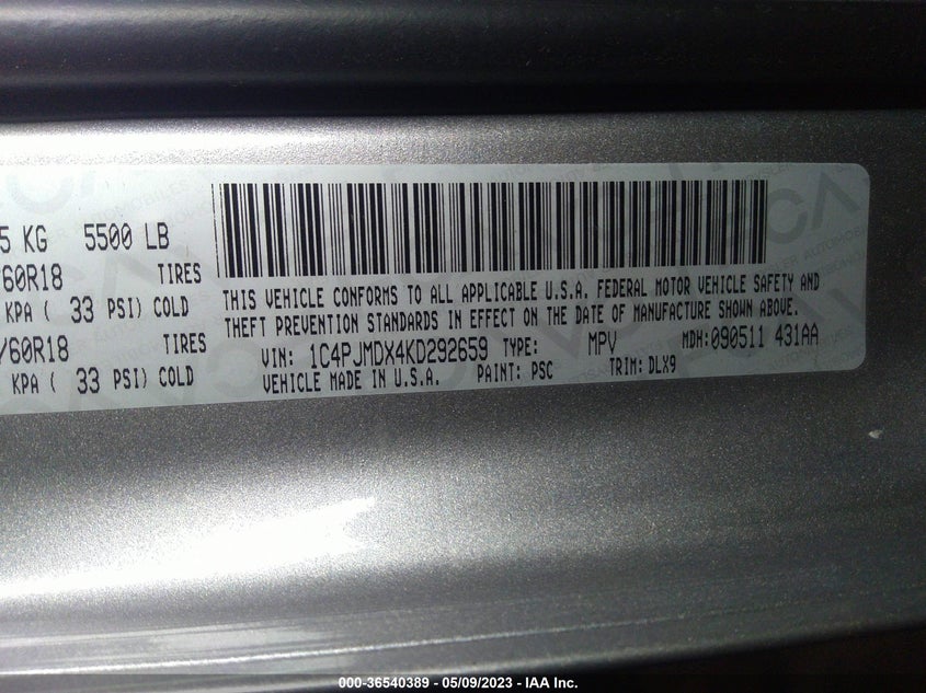 VIN 1C4PJMDX4KD292659 2019 JEEP CHEROKEE LIMITED