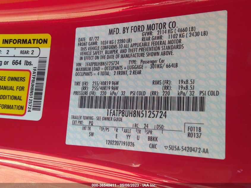 2022 FORD MUSTANG ECOBOOST - 1FATP8UH8N5125724