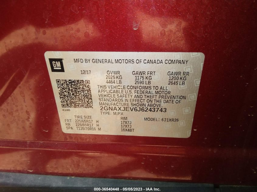 2018 CHEVROLET EQUINOX LT - 2GNAXJEV6J6243743