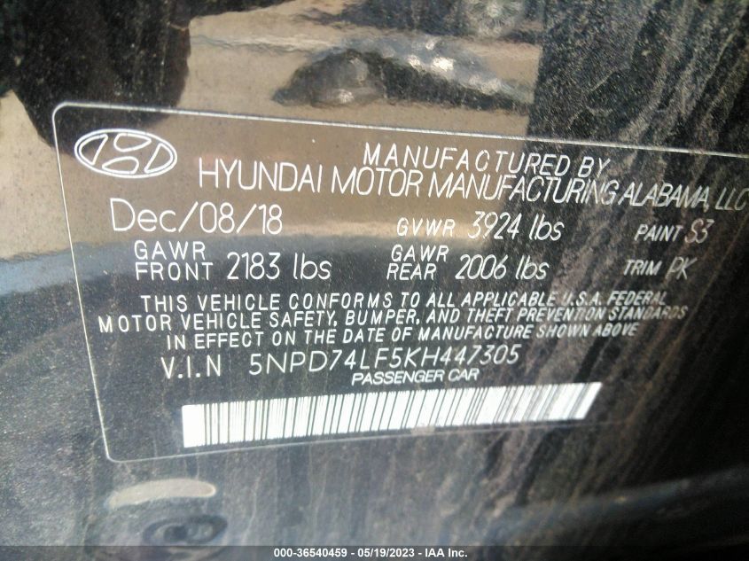 VIN 5NPD74LF5KH447305 2019 HYUNDAI ELANTRA SE