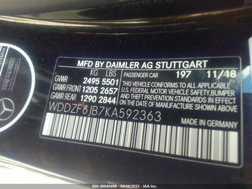 Auction sale of the 2019 MERCEDES BENZ E CLASS , vin: WDDZF6JB7KA592363, lot number: 36540496