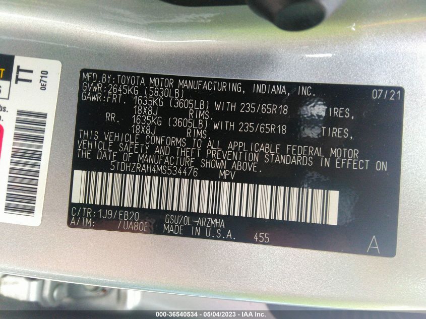 2021 TOYOTA HIGHLANDER XLE - 5TDHZRAH4MS534476