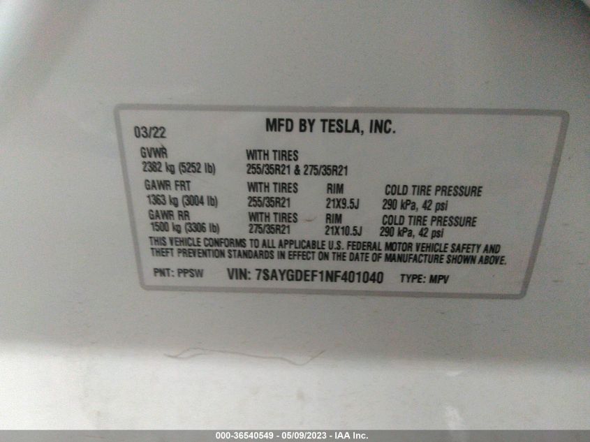 2022 TESLA MODEL Y PERFORMANCE - 7SAYGDEF1NF401040