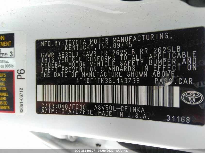 2016 TOYOTA CAMRY XLE/SE/LE/XSE - 4T1BF1FK3GU143738