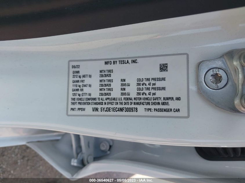 2022 TESLA MODEL 3 PERFORMANCE - 5YJ3E1EC4NF300978