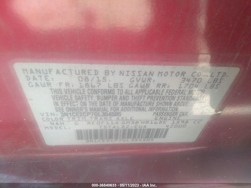 2016 NISSAN VERSA NOTE SV - 3N1CE2CP7GL354505