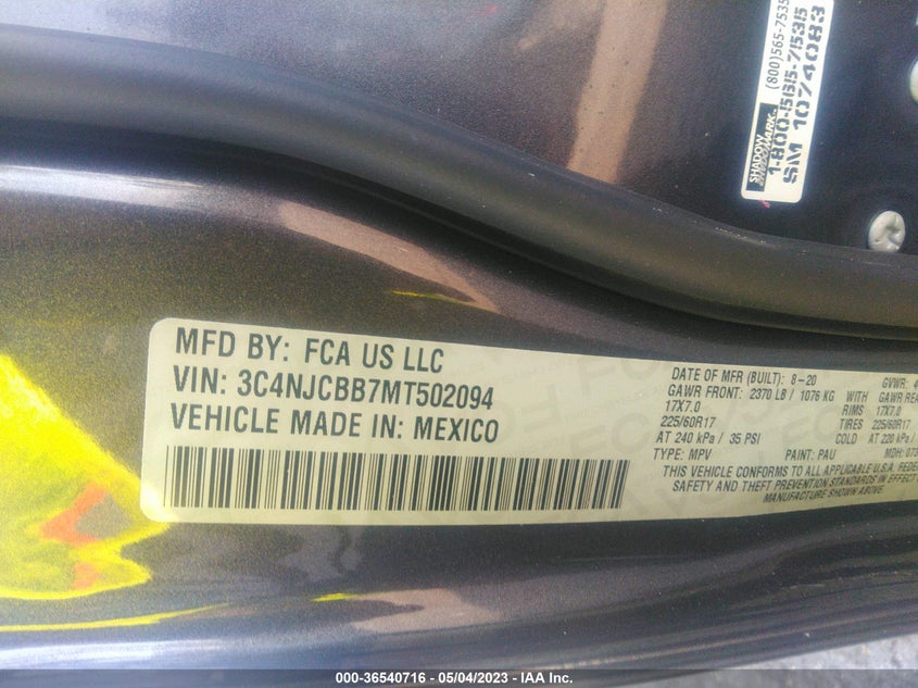 VIN 3C4NJCBB7MT502094 2021 JEEP COMPASS LATITUDE
