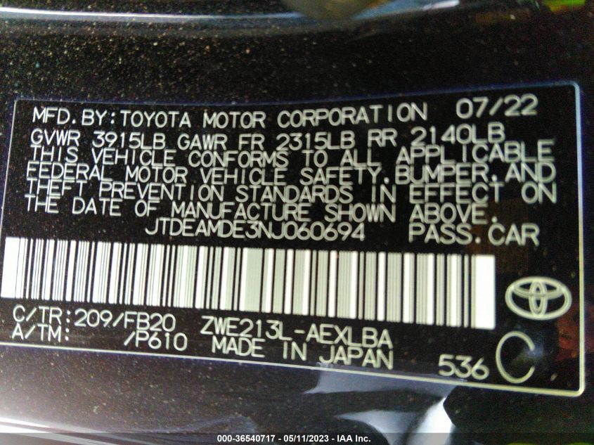 2022 TOYOTA COROLLA HYBRID LE - JTDEAMDE3NJ060694