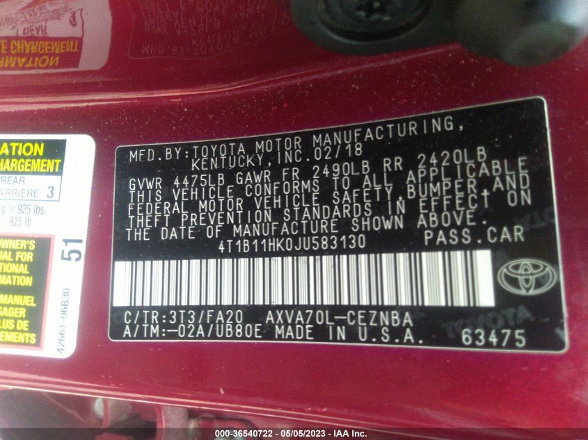 2018 TOYOTA CAMRY LE/SE/XLE/L - 4T1B11HK0JU583130