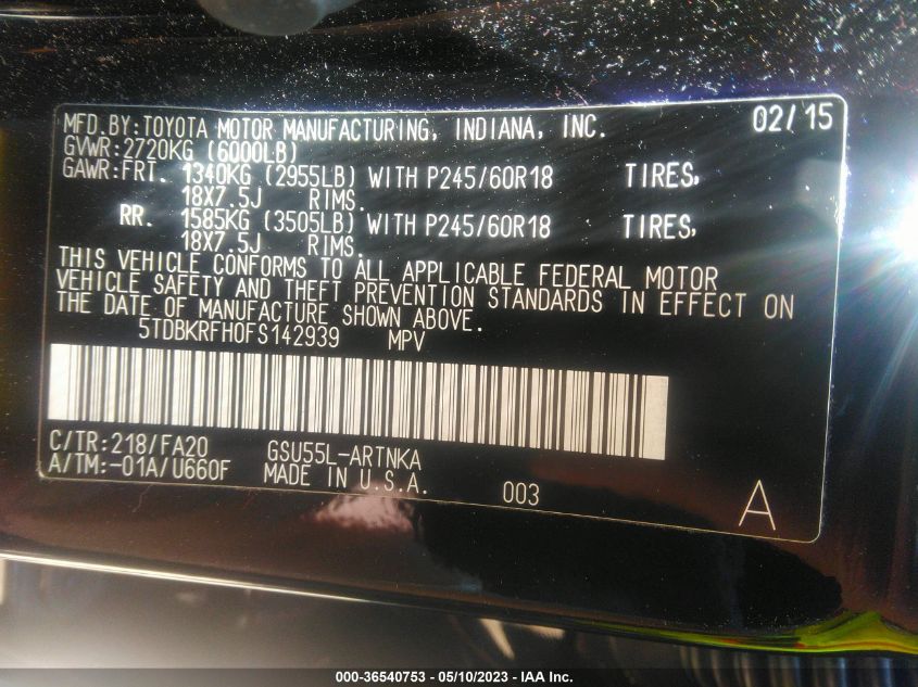 2015 TOYOTA HIGHLANDER LE - 5TDBKRFH0FS142939