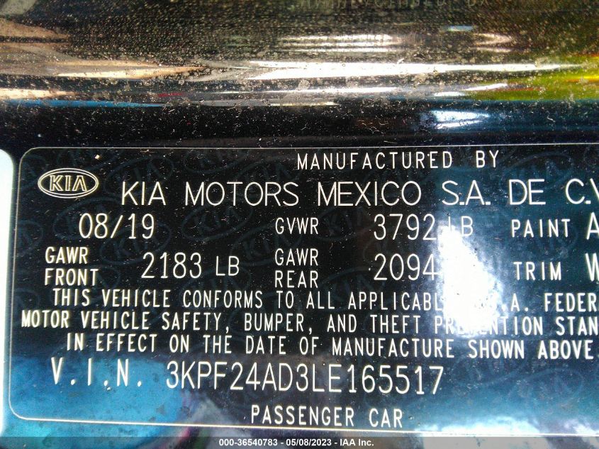 2020 KIA FORTE LXS - 3KPF24AD3LE165517