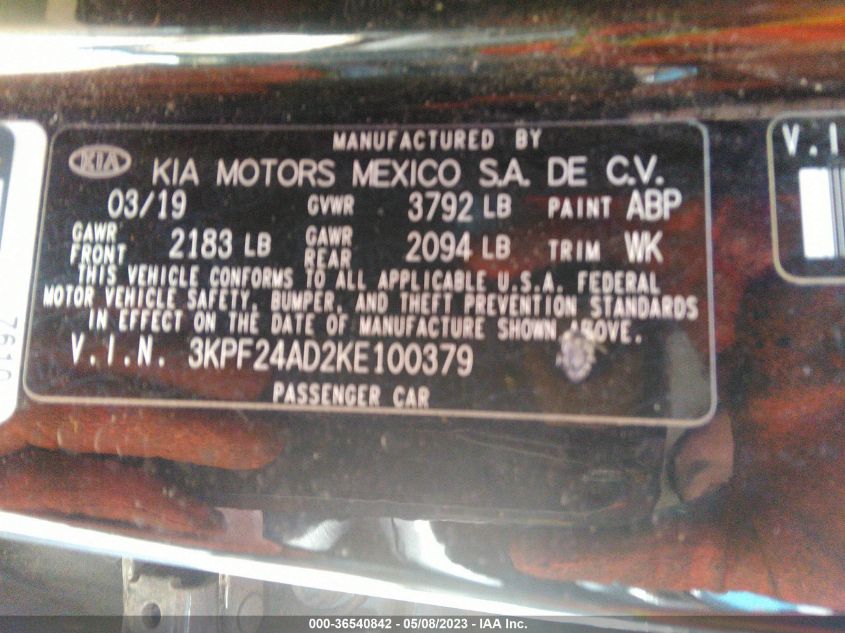 3KPF24AD2KE100379 Kia Forte LXS 9