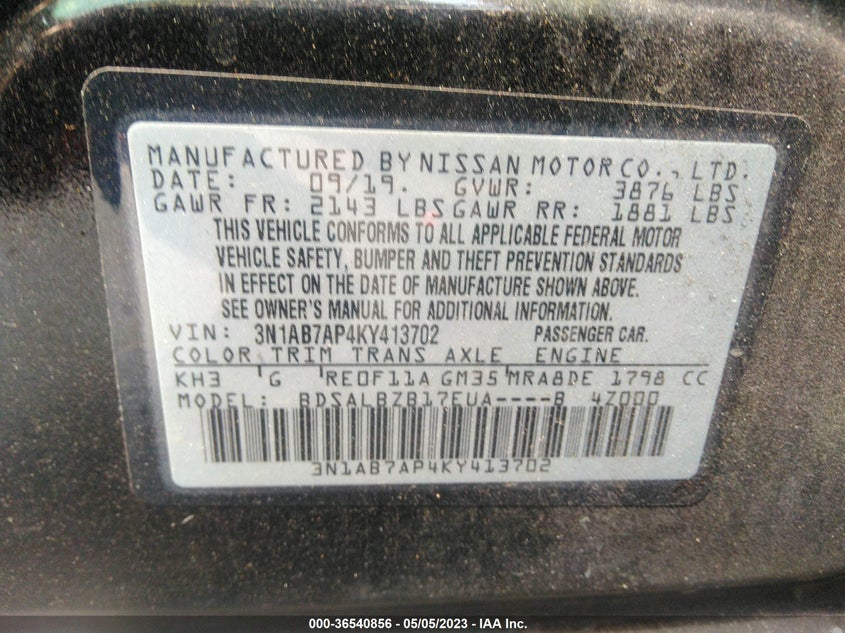 VIN 3N1AB7AP4KY413702 2019 NISSAN SENTRA S