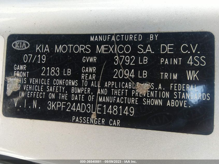 2020 KIA FORTE LXS - 3KPF24AD3LE148149