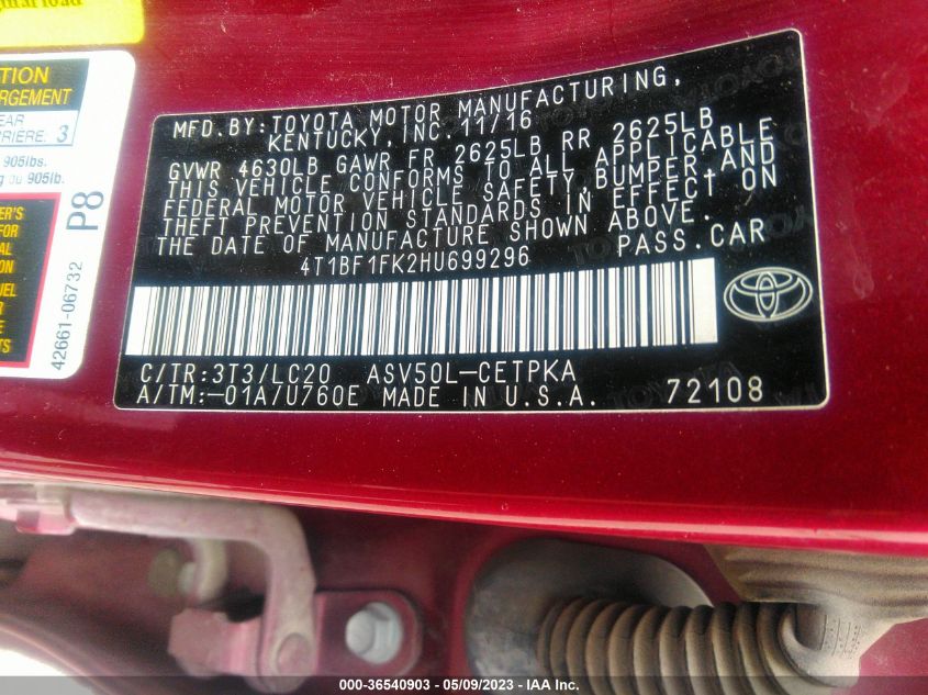 2017 TOYOTA CAMRY XSE - 4T1BF1FK2HU699296