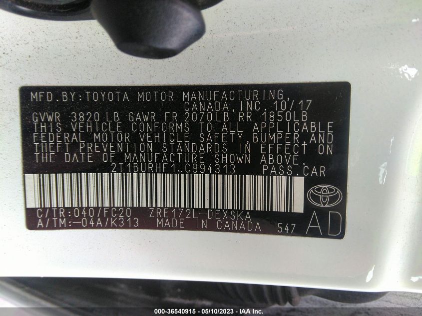 2018 TOYOTA COROLLA SE - 2T1BURHE1JC994313