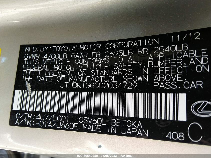 2013 LEXUS ES 350 4DR SDN - JTHBK1GG5D2034729