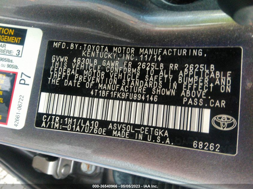 2015 TOYOTA CAMRY XLE/SE/LE/XSE - 4T1BF1FK9FU894146