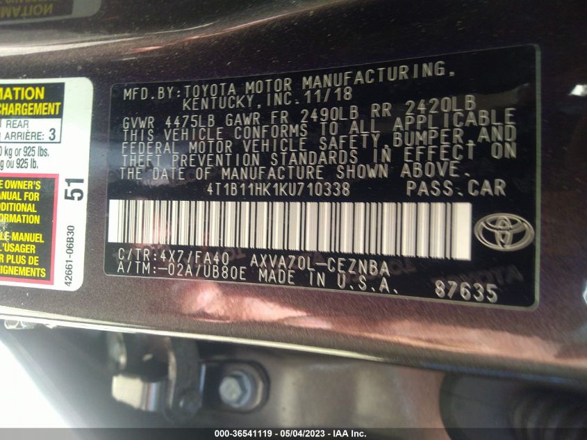 2019 TOYOTA CAMRY LE/SE/XLE/L - 4T1B11HK1KU710338