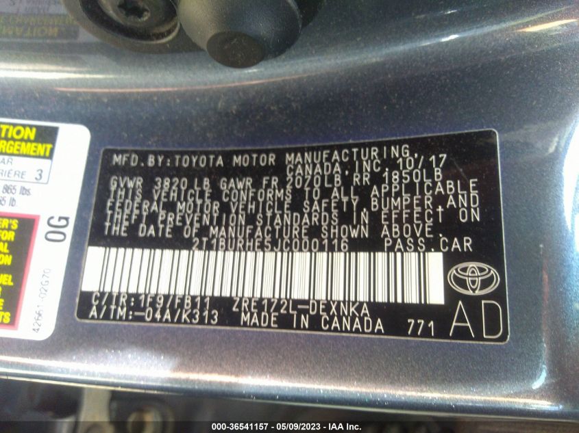 2018 TOYOTA COROLLA L/LE/XLE/SE/XSE - 2T1BURHE5JC000116