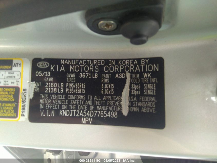 2013 KIA SOUL BASE - KNDJT2A54D7765498