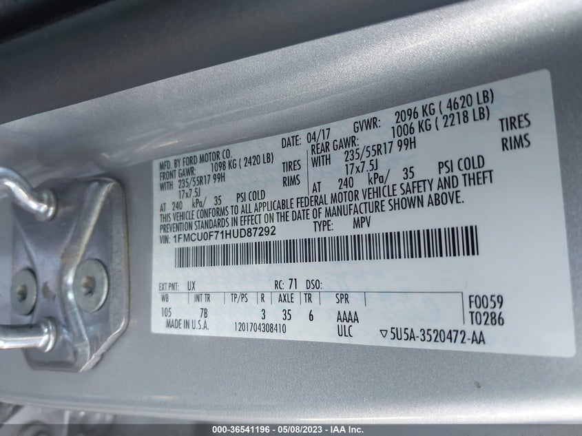 VIN 1FMCU0F71HUD87292 2017 FORD ESCAPE S