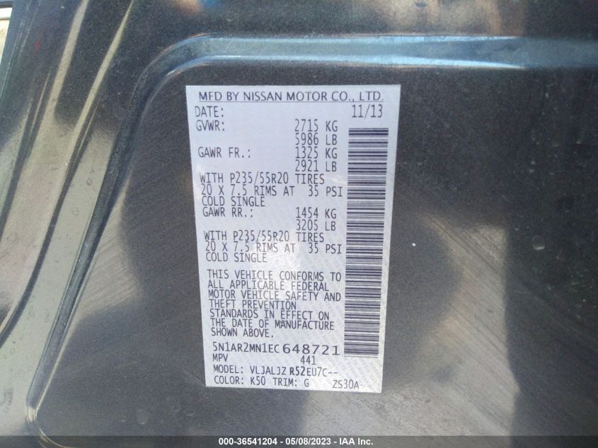 2014 NISSAN PATHFINDER PLATINUM - 5N1AR2MN1EC648721