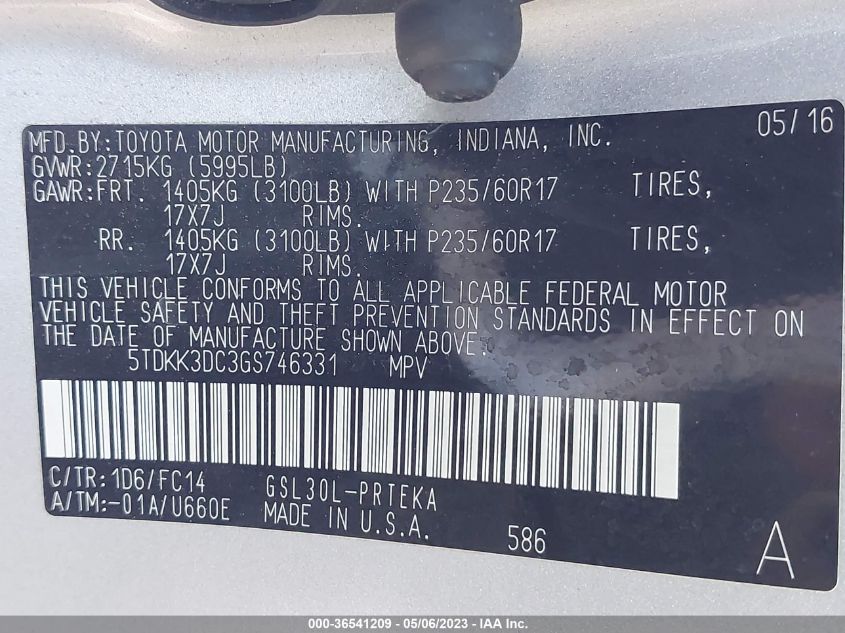 2016 TOYOTA SIENNA LE - 5TDKK3DC3GS746331