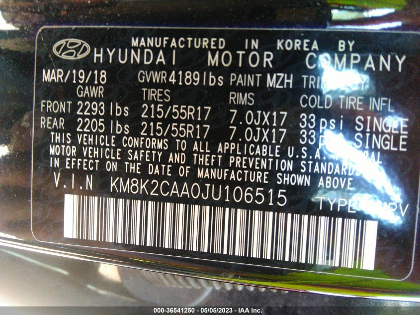 2018 HYUNDAI KONA SEL - KM8K2CAA0JU106515
