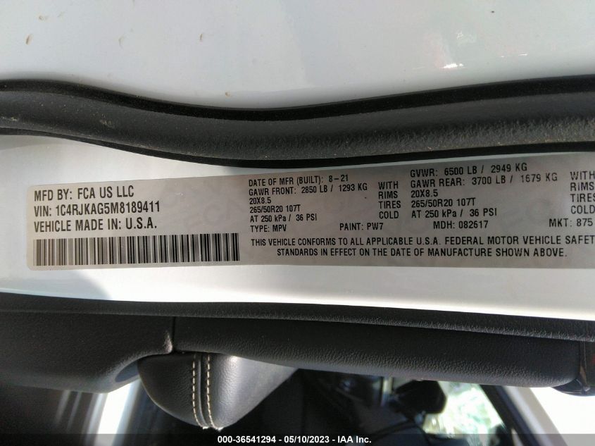 2021 JEEP GRAND CHEROKEE L ALTITUDE - 1C4RJKAG5M8189411
