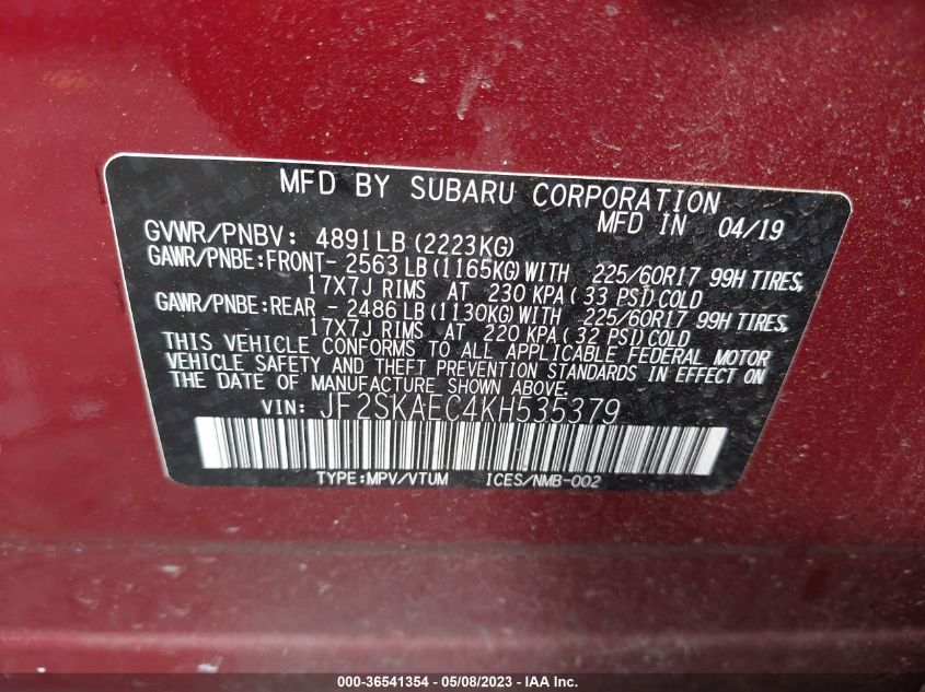 2019 SUBARU FORESTER PREMIUM - JF2SKAEC4KH535379