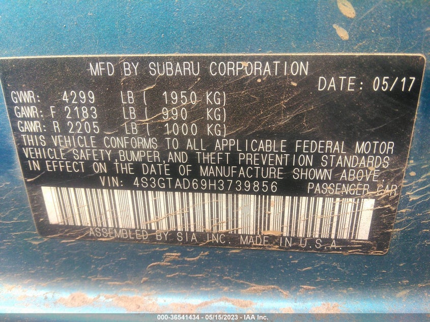 VIN 4S3GTAD69H3739856 2017 SUBARU IMPREZA PREMIUM