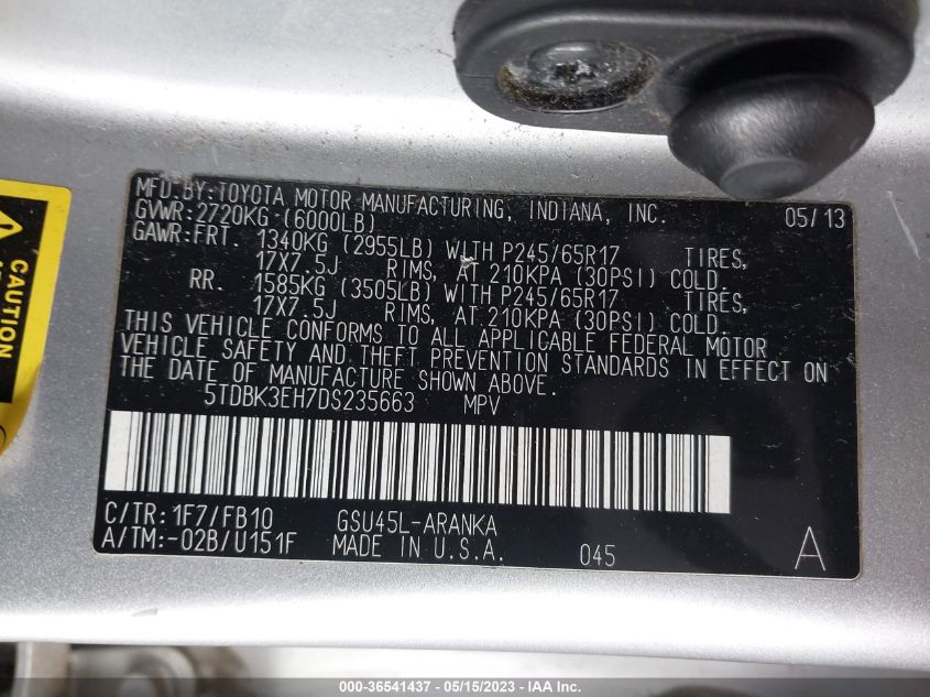 2013 TOYOTA HIGHLANDER - 5TDBK3EH7DS235663