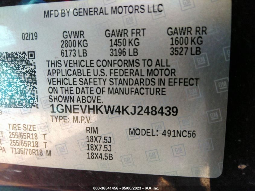 2019 CHEVROLET TRAVERSE LT LEATHER - 1GNEVHKW4KJ248439