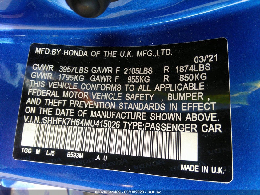 VIN SHHFK7H64MU415026 2021 HONDA CIVIC HATCHBACK EX
