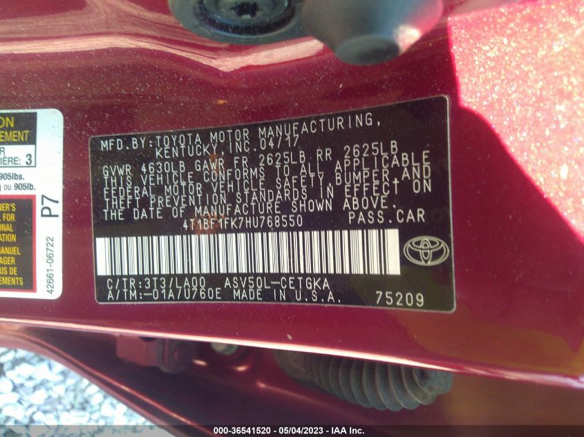 2017 TOYOTA CAMRY XLE/SE/LE/XSE - 4T1BF1FK7HU768550