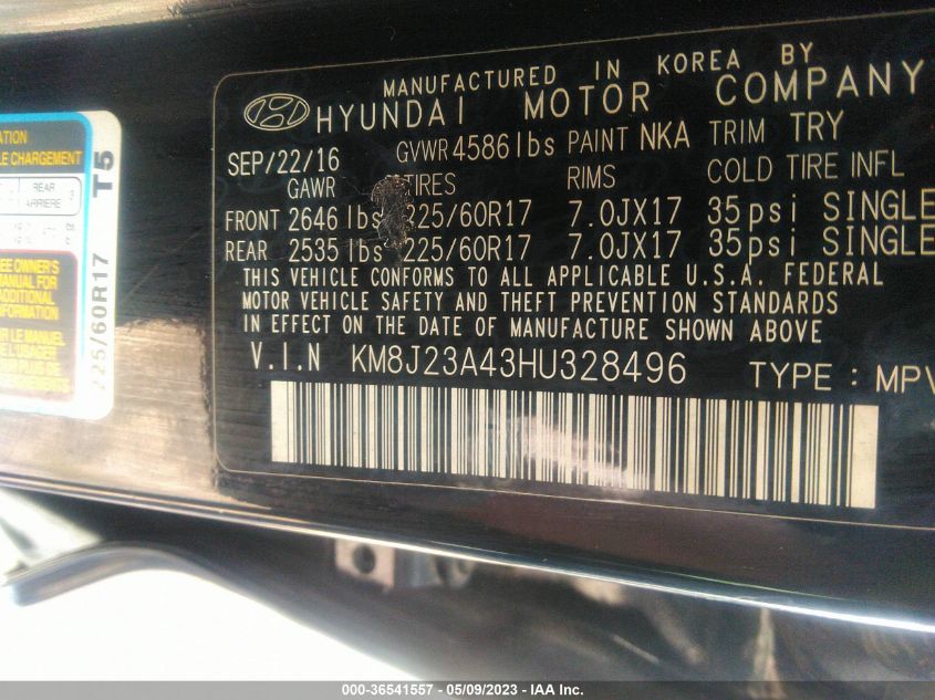 2017 HYUNDAI TUCSON SE - KM8J23A43HU328496