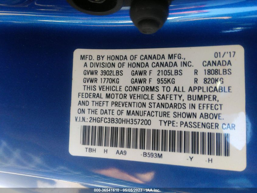 2017 HONDA CIVIC COUPE EX-T - 2HGFC3B30HH357200
