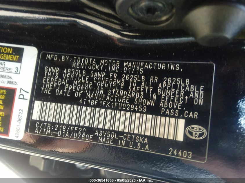 2015 TOYOTA CAMRY XLE/SE/LE/XSE - 4T1BF1FK1FU029459