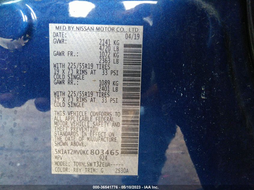2019 NISSAN ROGUE SL - 5N1AT2MV0KC803465