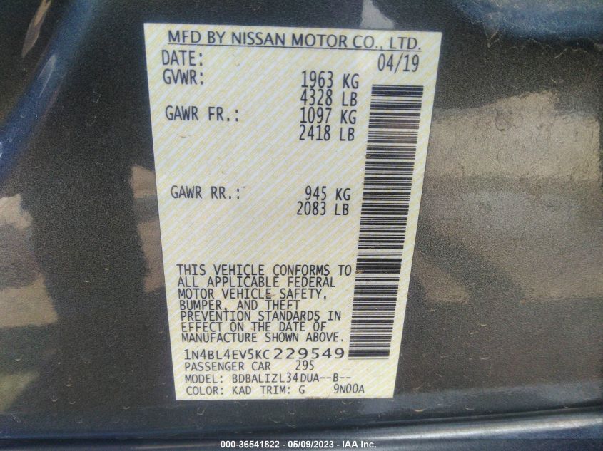 2019 NISSAN ALTIMA 2.5 SL - 1N4BL4EV5KC229549