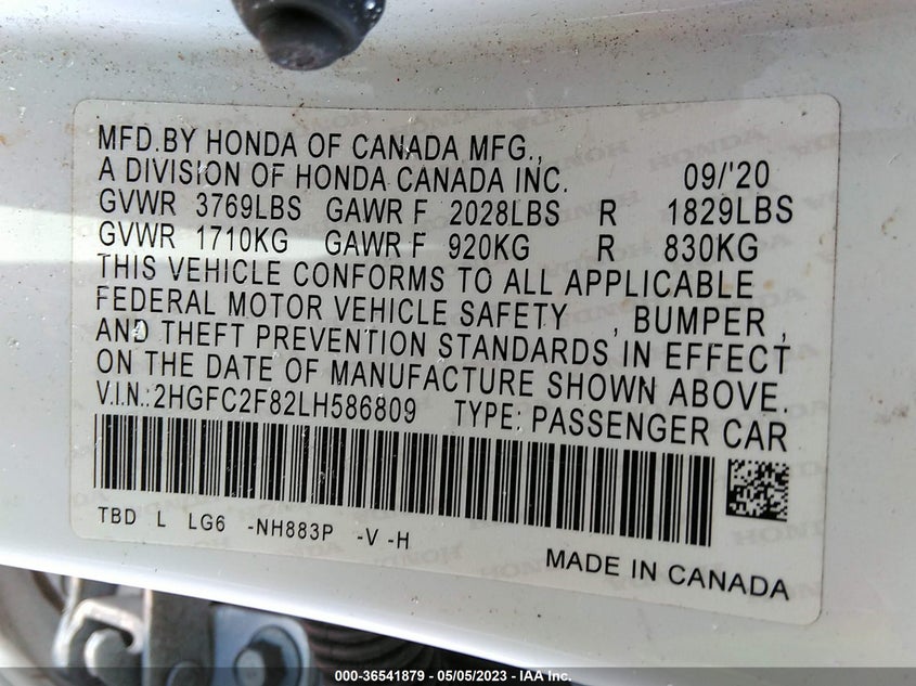 VIN 2HGFC2F82LH586809 2020 HONDA CIVIC SEDAN SPORT