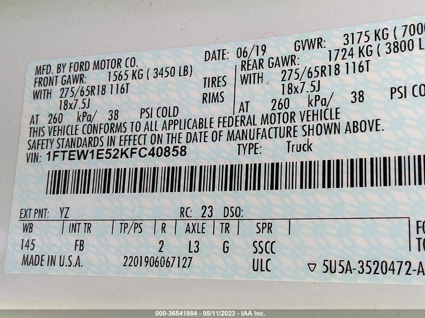 2019 FORD F-150 XL/XLT/LARIAT - 1FTEW1E52KFC40858