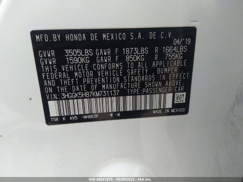 2019 HONDA FIT EX - 3HGGK5H87KM731137